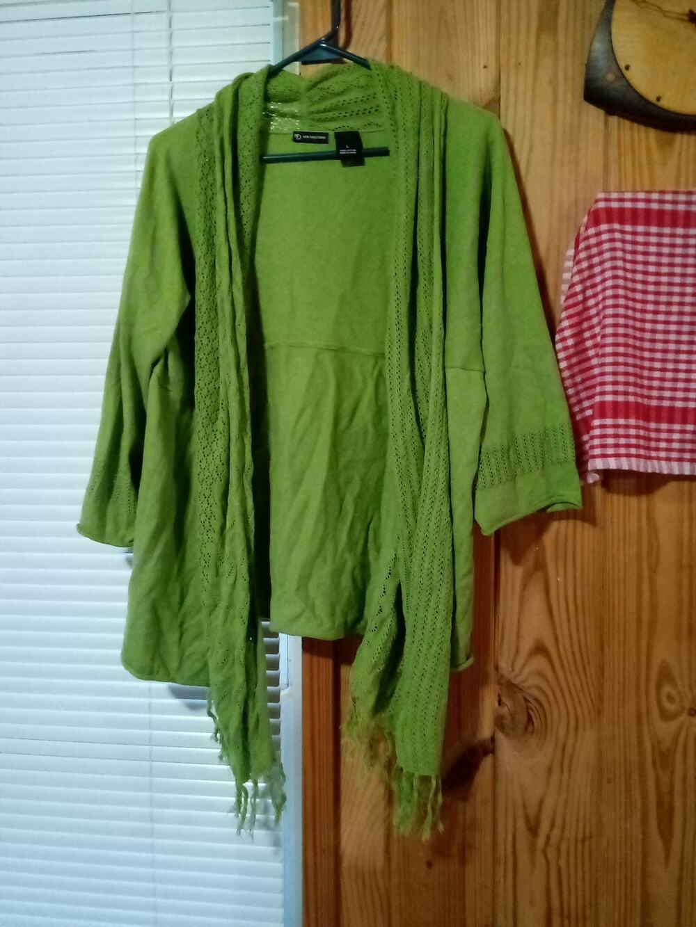 New Directions L Green Open Front With Fringe 3/4 Sleeve Sweater